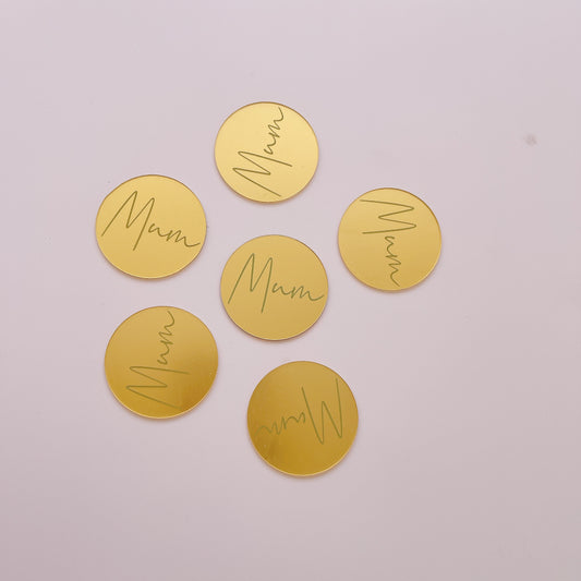 Acrylic ""Mum" Script Cupcake Topper Charms - Gold Round 6pc