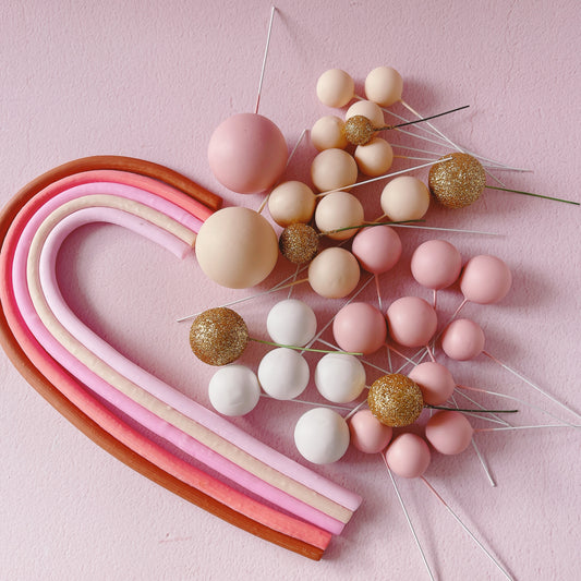 Rainbow and Cake Ball Cake Topper Decorations Set - Neutrals and Pink - 33 Pieces