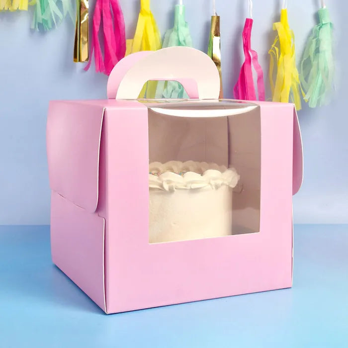 Cake Carry Box in Pink with Handle and Clear Window 8" x 8" x 7.8"