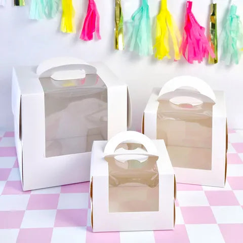 Cake Carry Box in White with Handle and Clear Window 8" x 8" x 7.8"