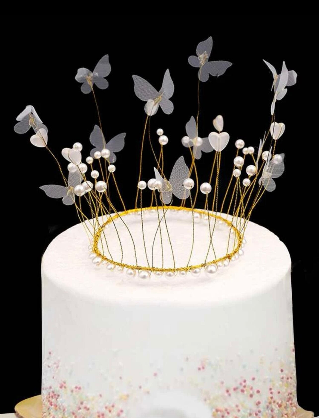 Butterflies and Pearl Gold Crown Cake Topper