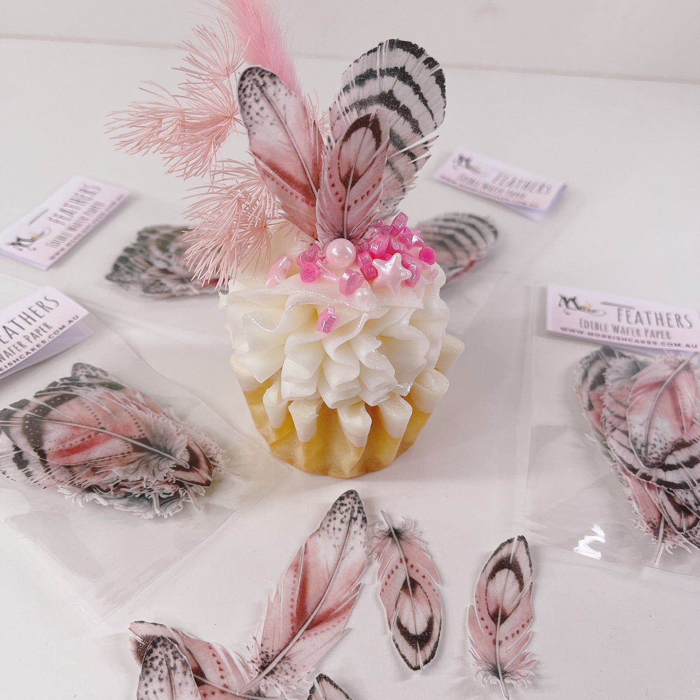 More Wafer Feathers - Pink with Black Details - Pack of 15 - Various Sizes
