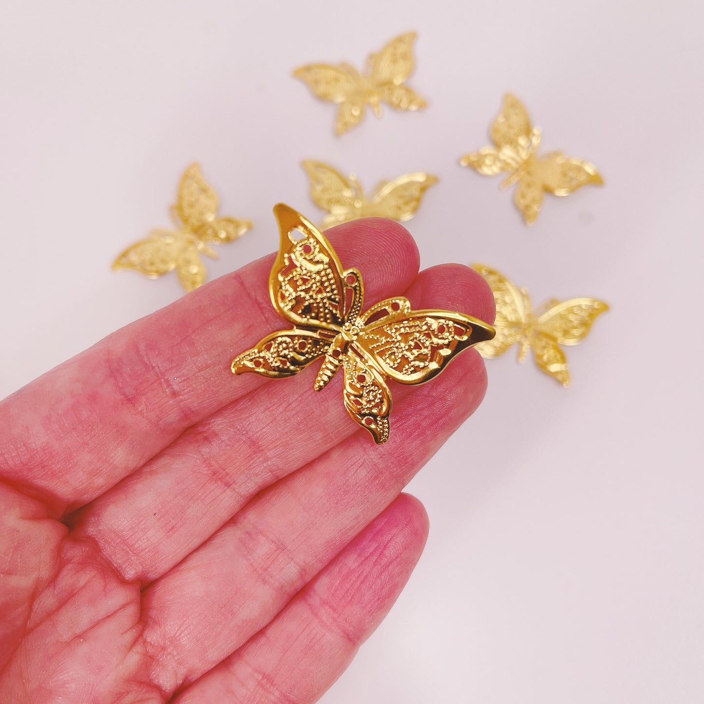 More Decos Filagree Gold, Antique Gold, Silver  or Mixed Arched Butterflies 2.6cm x 4cm Wing Span Pack of 10