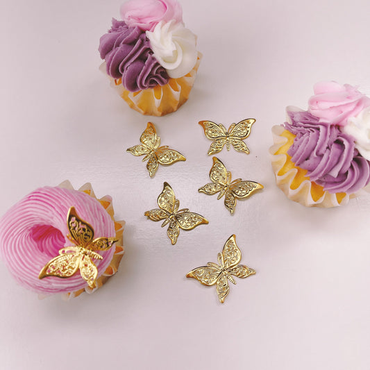 More Decos Filagree Gold, Antique Gold, Silver  or Mixed Arched Butterflies 2.6cm x 4cm Wing Span Pack of 10