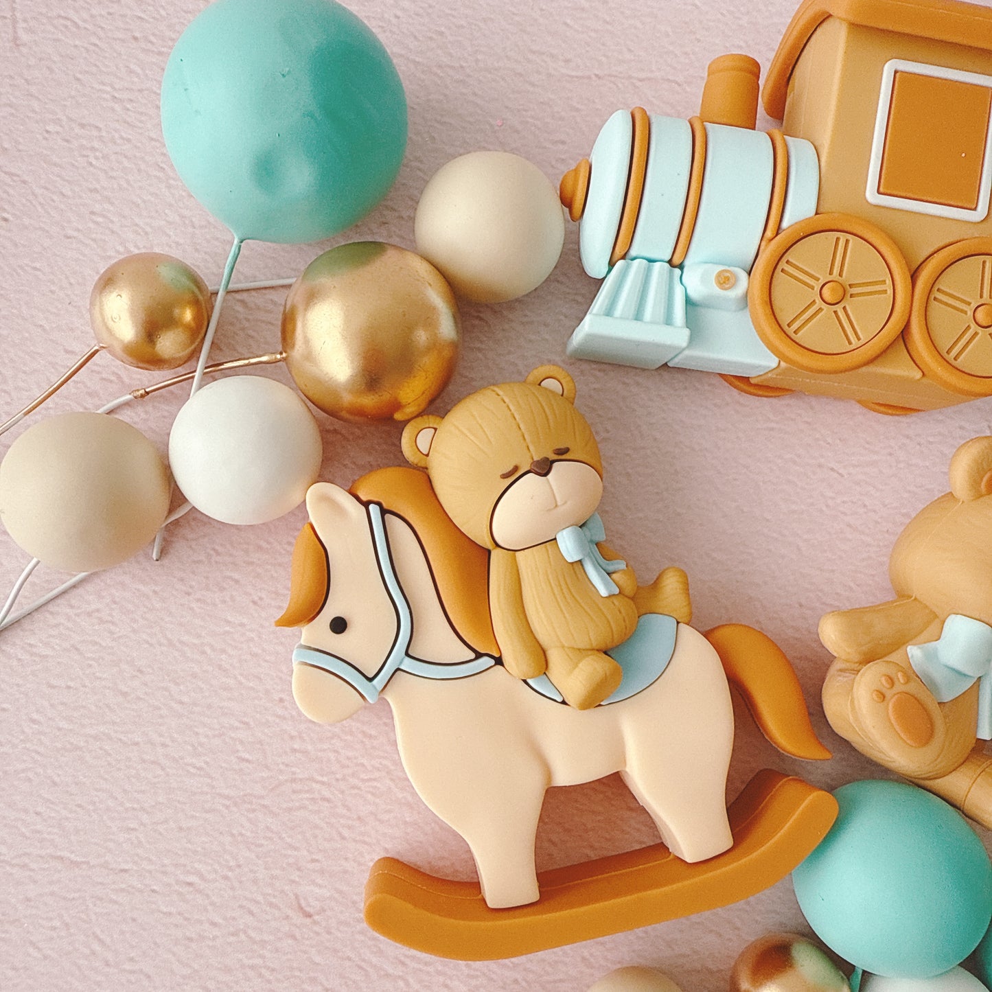 Teddy Bear and Rocking Horse Baby Cake Topper Decorations Set - 32 Pieces