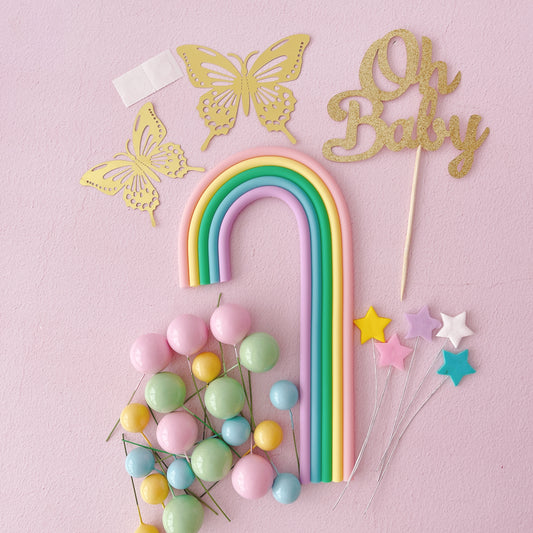 Oh Baby Rainbow, Butterlfies and Cake Ball Cake Topper Decorations Set - Pastels - 29 Pieces