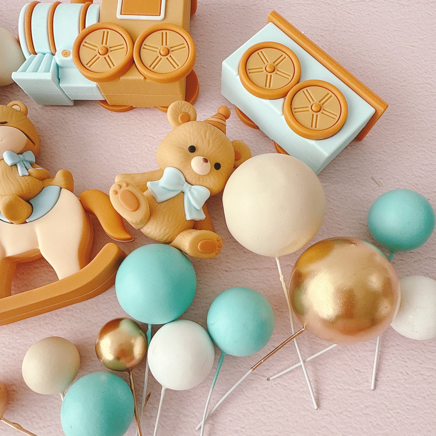 Teddy Bear and Rocking Horse Baby Cake Topper Decorations Set - 32 Pieces