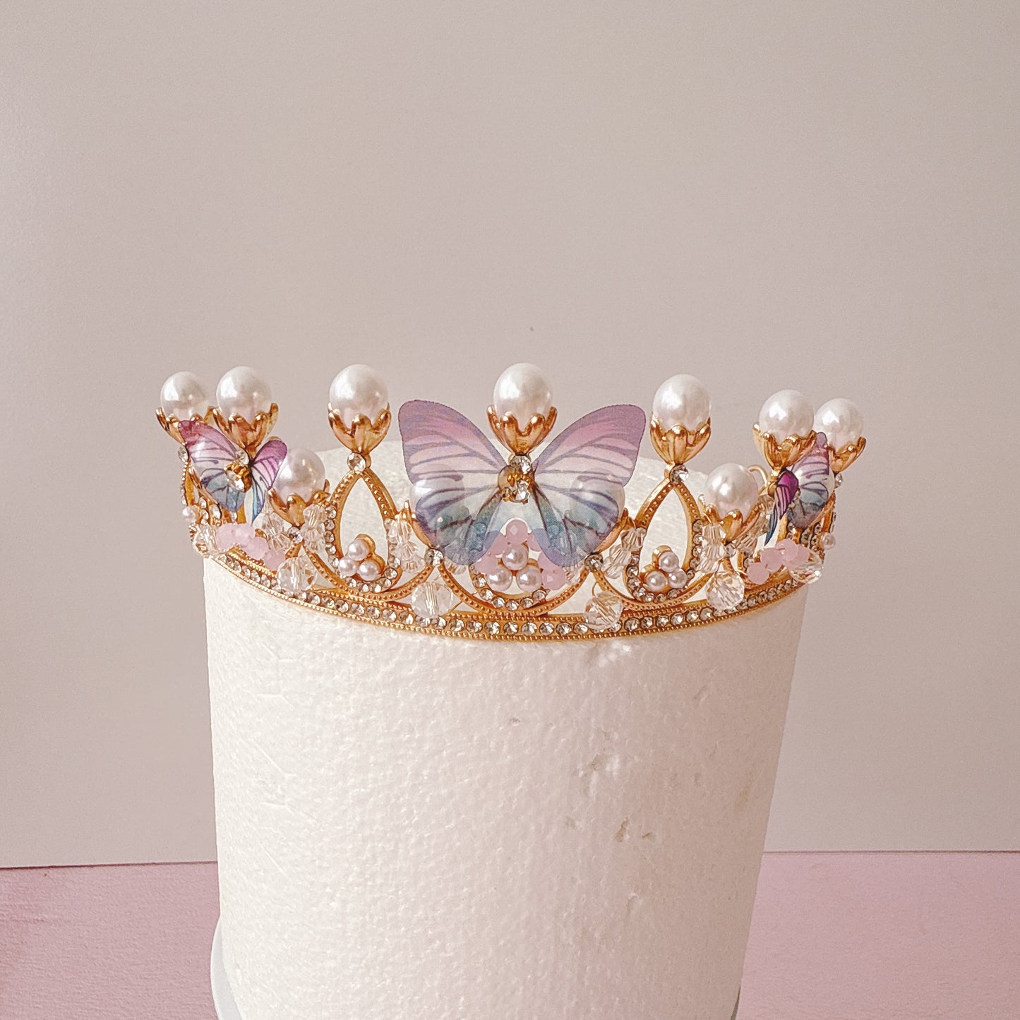 Pearl, Diamante and Butterflies Crown Tiara Cake Topper