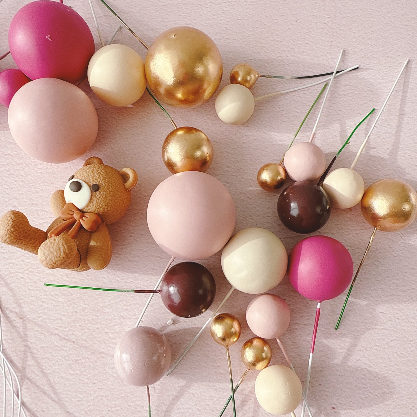 Blush Teddy Bear Cake Topper Decorations Set - 30 Pieces