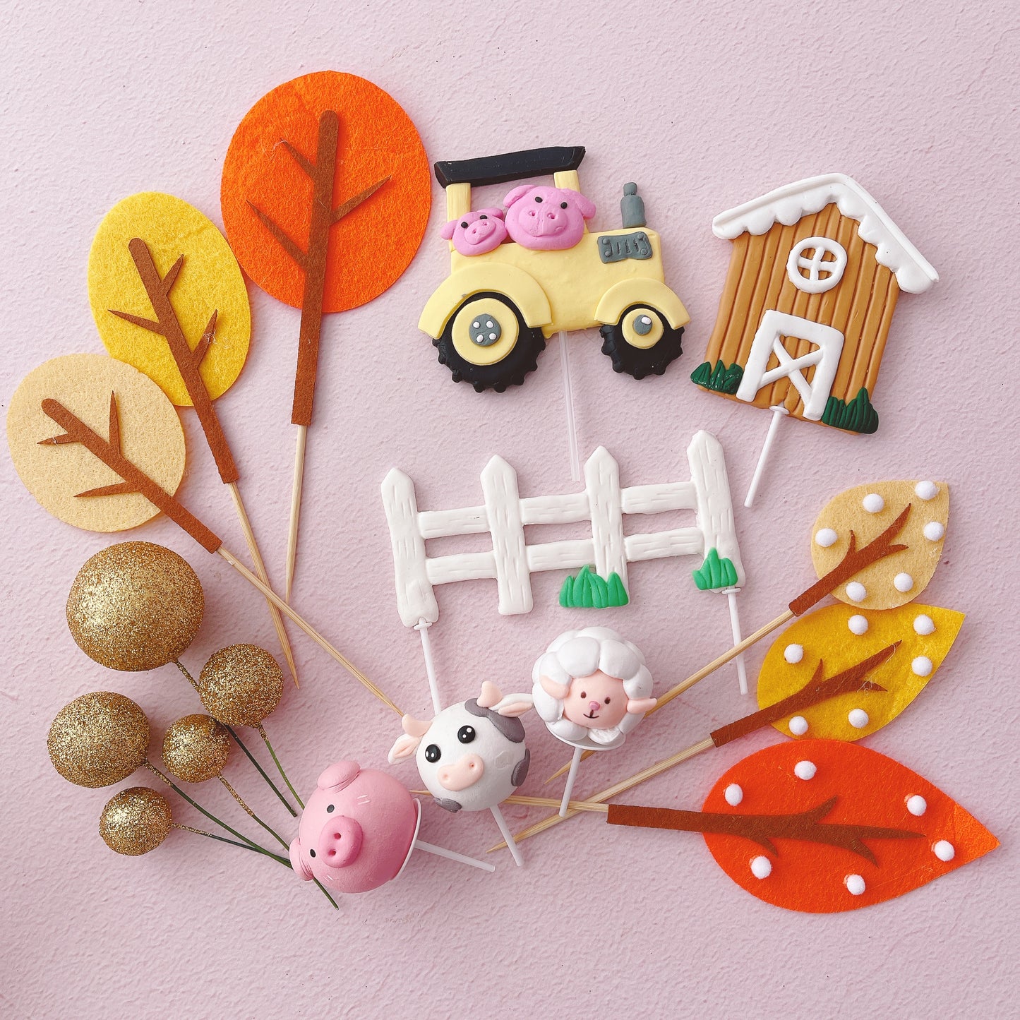 Cute Farm Cake Topper Decorations Set - 17 Pieces