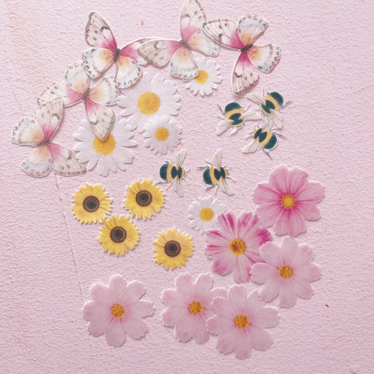 Edible Wafer Paper Flora and Fauna Set in Pinks and Yellows - 24 PreCut