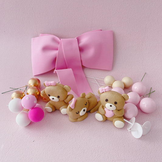 Baby Pink Teddy Bears Cake Topper Decorations Set - 20 Pieces