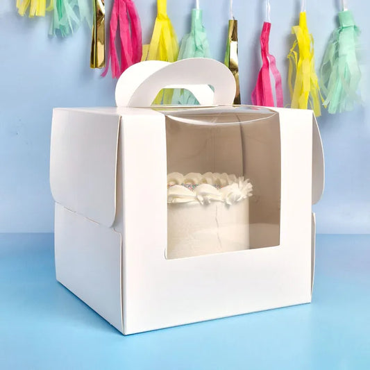Cake Carry Box in White with Handle and Clear Window 8" x 8" x  7.8"