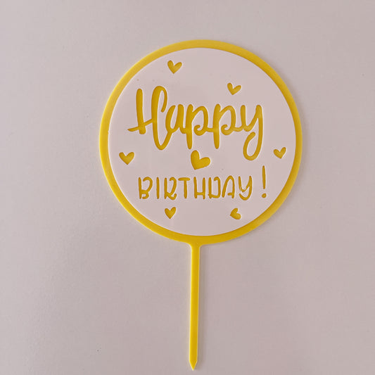 Acrylic Yellow and White Happy Birthday Topper Double Layer