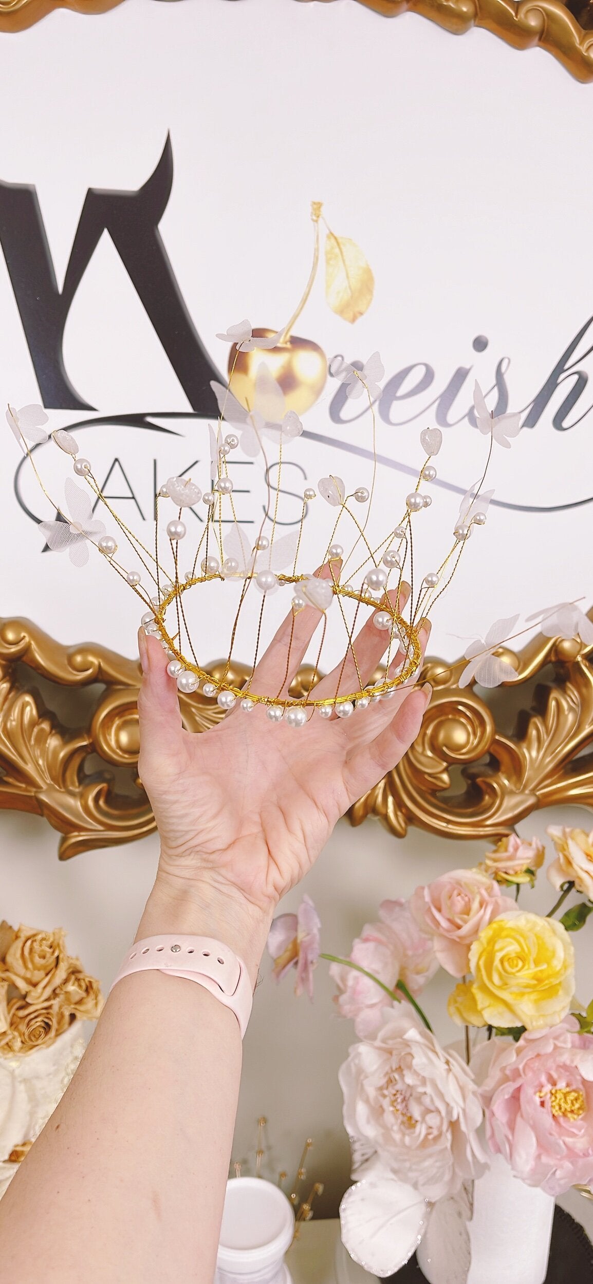 Butterflies and Pearl Gold Crown Cake Topper